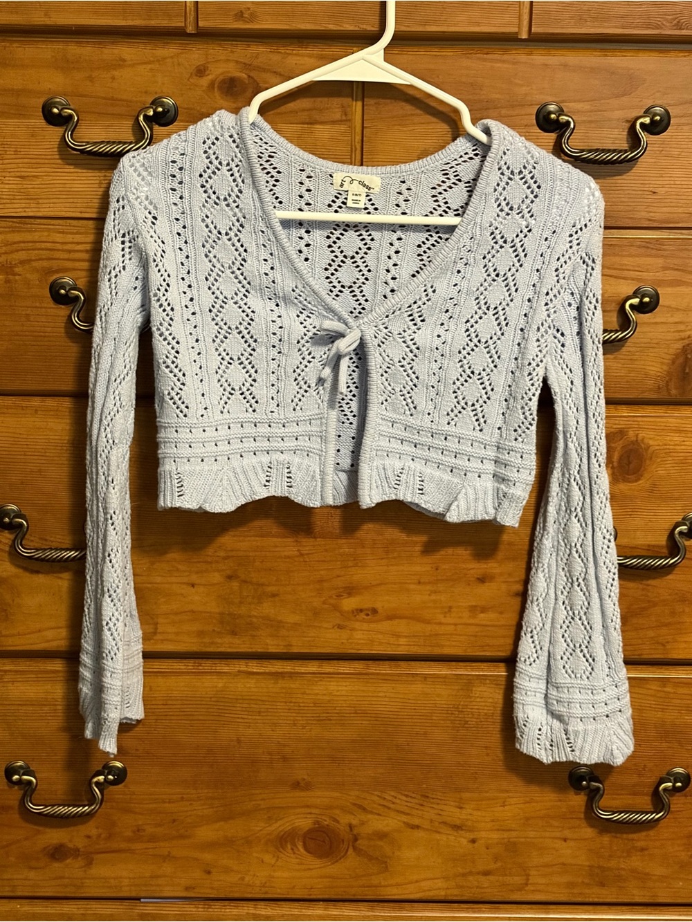 art class Light Blue Cropped Tie-Front Openwork Knit Cardigan